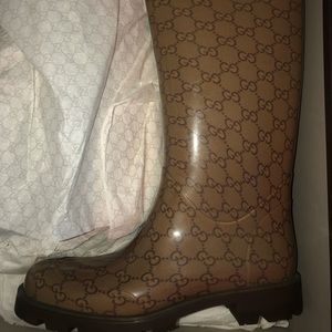 Gucci Brown GG Monogram Glossy Rain Boots